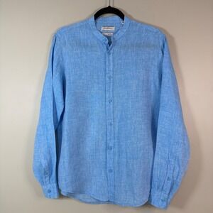 Santorini Men's Medium 100% Linen Aqua Blue Band Collar Long Sleeve Shirt Resort